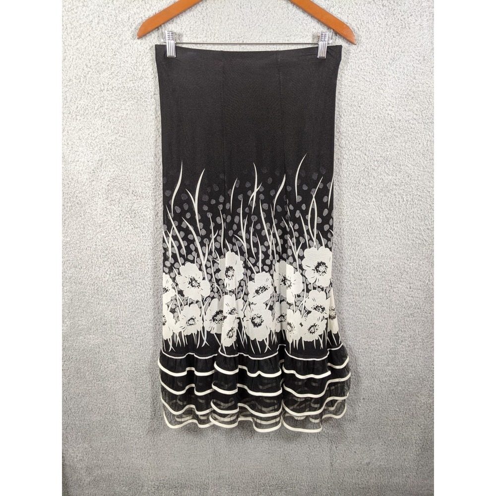 ModeLia Maxi Skirt L Black Cream Floral Tiered Ruffle Hem Whimsigoth Boho Witchy